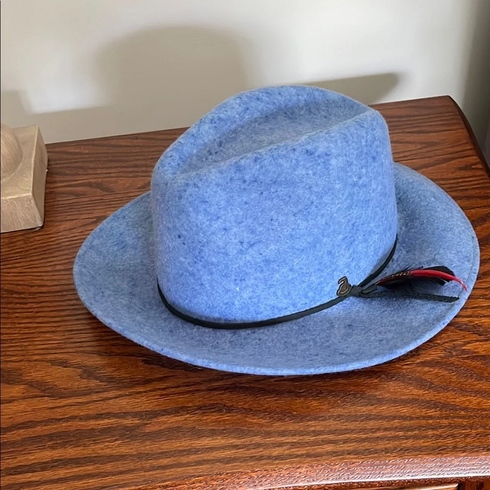 Ecua Andino Blue wool Felt Fedora Hat with Feather Accent. 100% wool. - Picture 1 of 9
